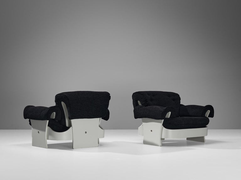 Italian Lounge Chairs in White Plywood and Black Upholstery