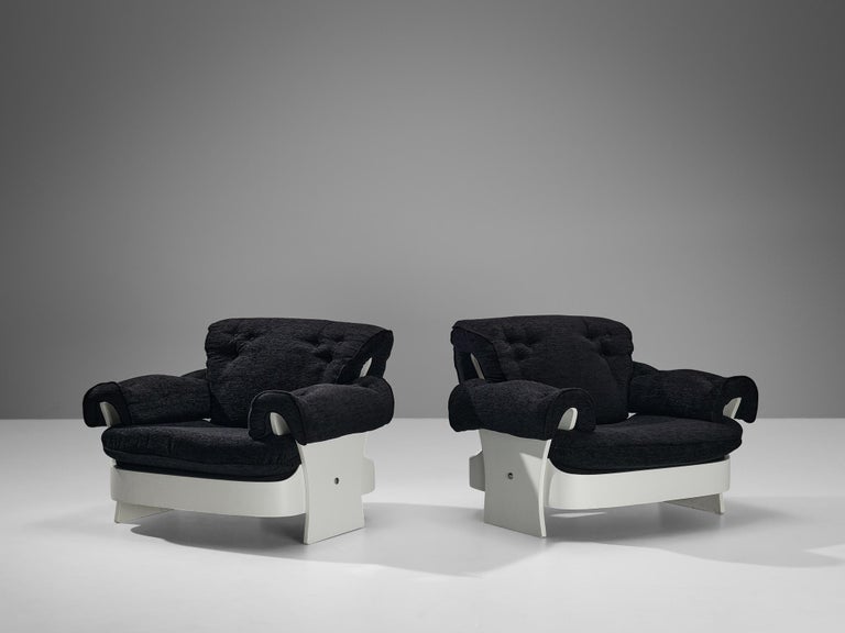 Italian Lounge Chairs in White Plywood and Black Upholstery