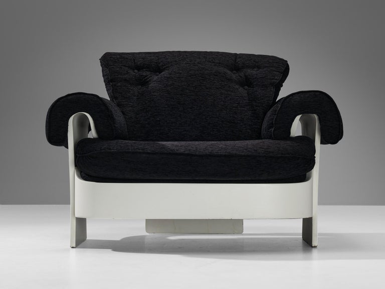 Italian Lounge Chairs in White Plywood and Black Upholstery