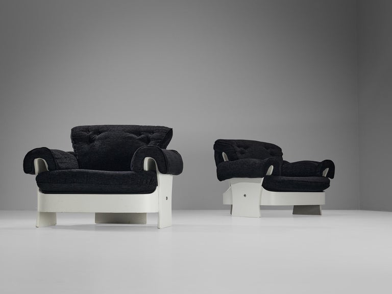 Italian Lounge Chairs in White Plywood and Black Upholstery