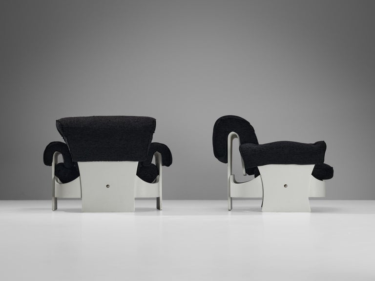 Italian Lounge Chairs in White Plywood and Black Upholstery