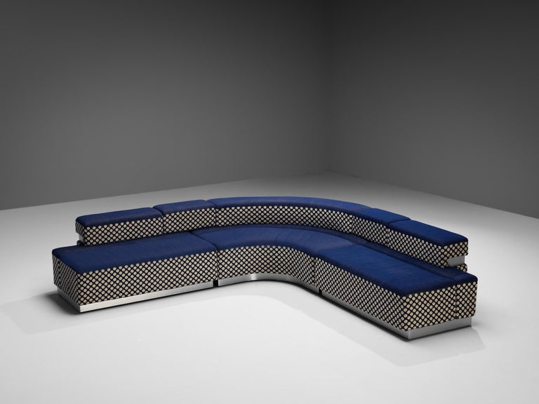 Postmodern Italian Sectional Sofa in Blue and Off-White Dots Upholstery