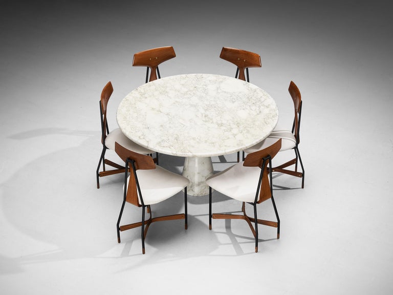 Angelo Mangiarotti Dining Table in Marble with Set of Six Chairs in Teak