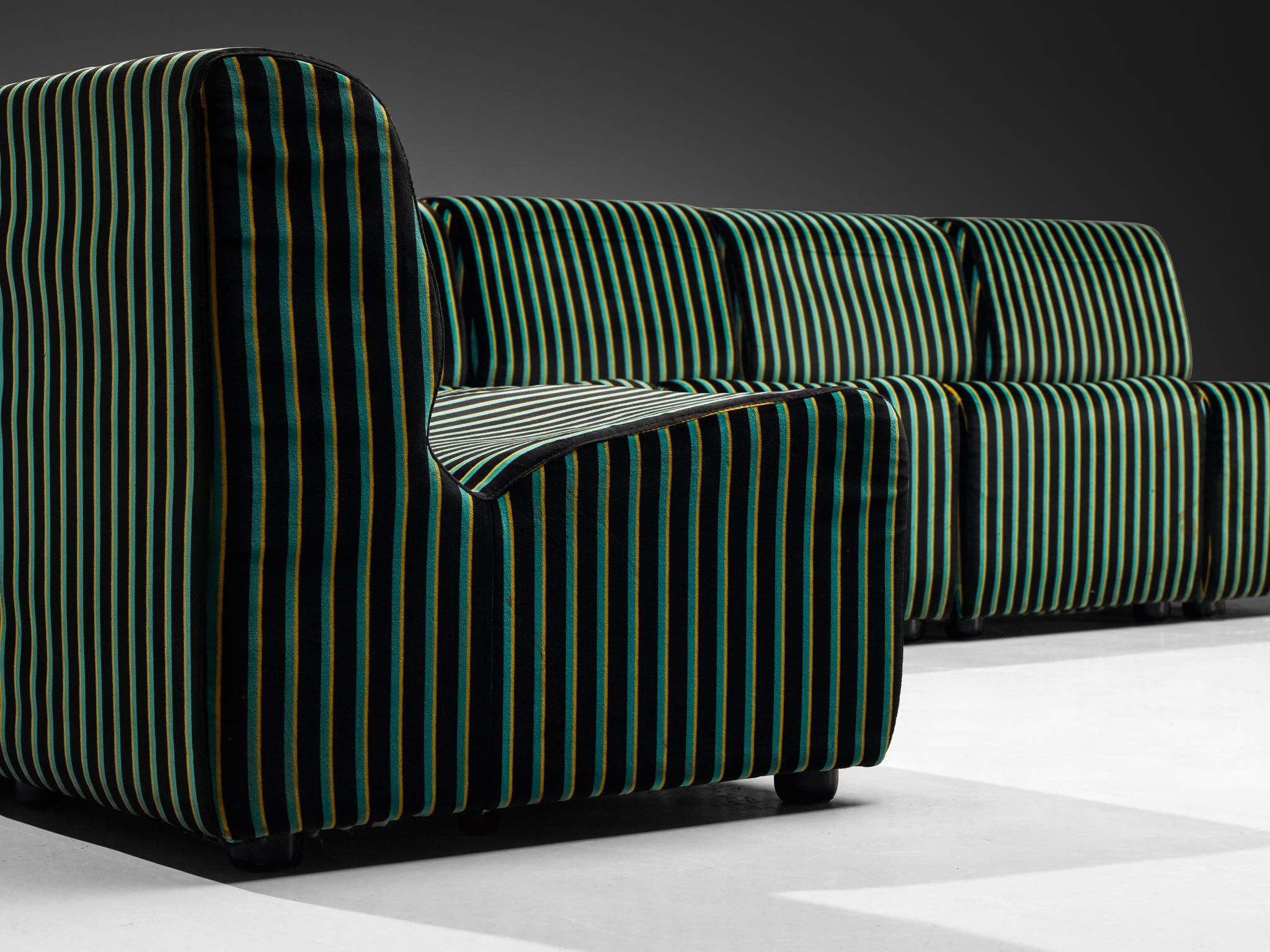 1980s Post-Modern Italian Sectional Sofa Green Yellow Black Striped Velvet