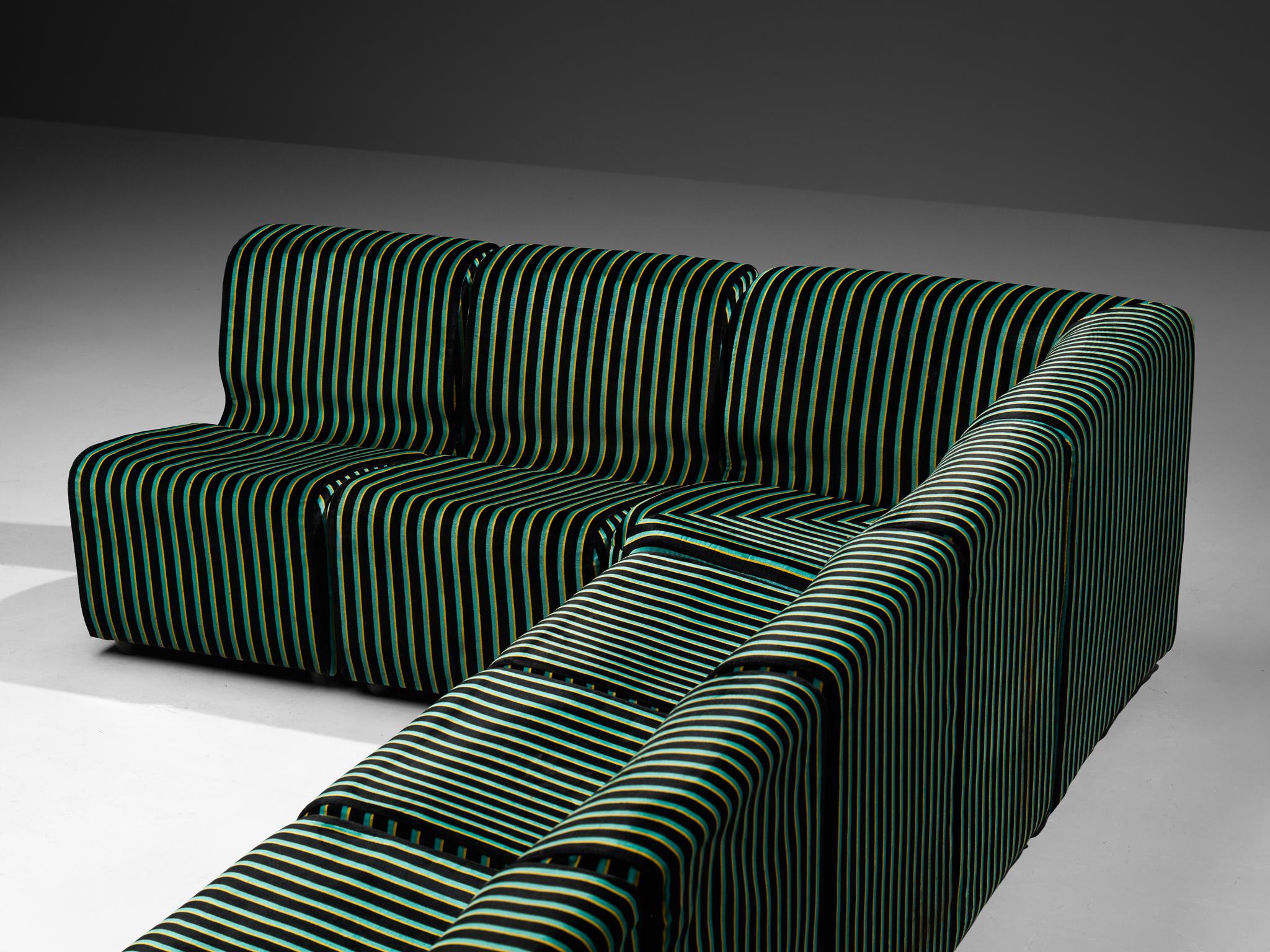 1980s Post-Modern Italian Sectional Sofa Green Yellow Black Striped Velvet