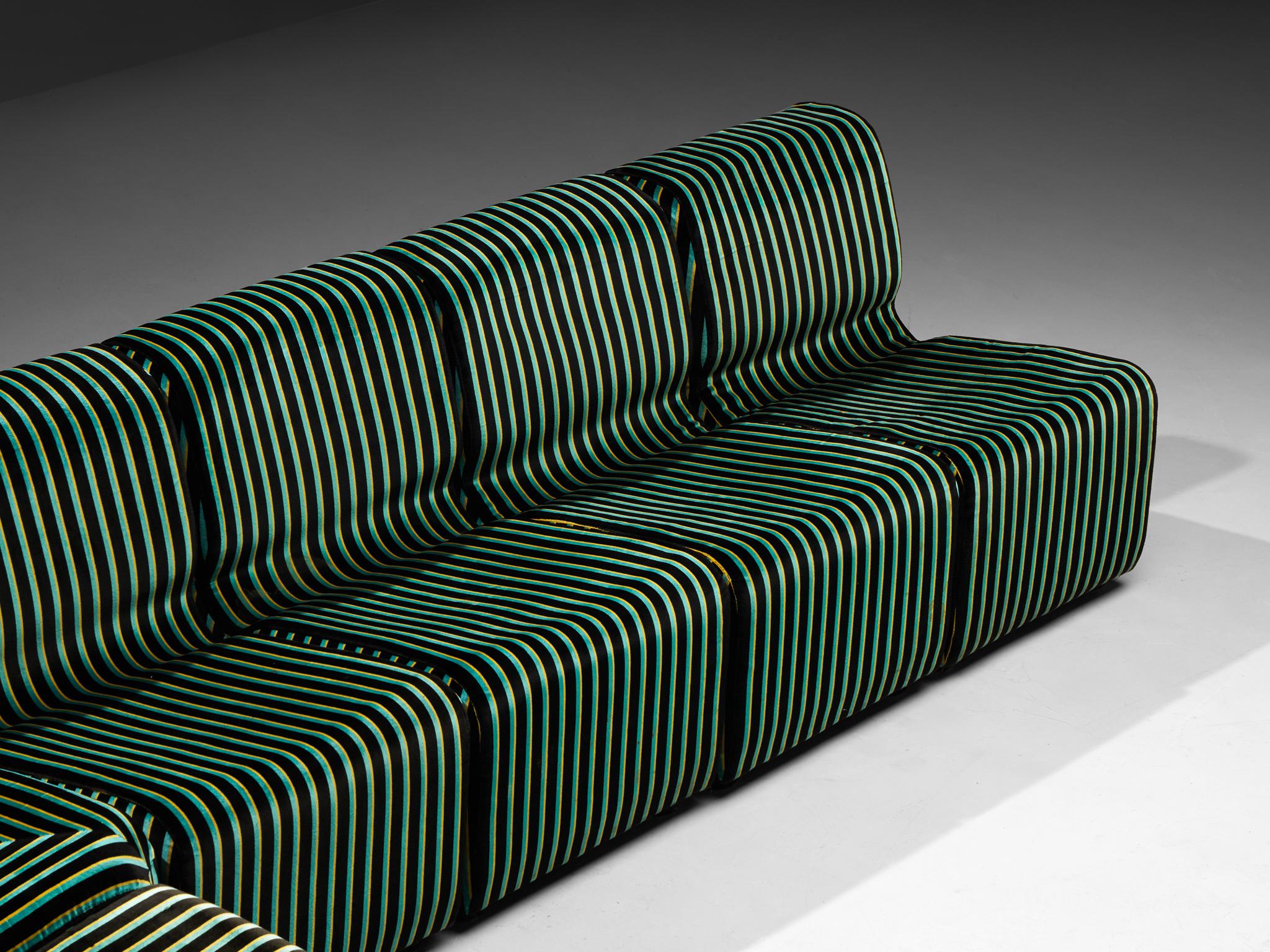 1980s Post-Modern Italian Sectional Sofa Green Yellow Black Striped Velvet