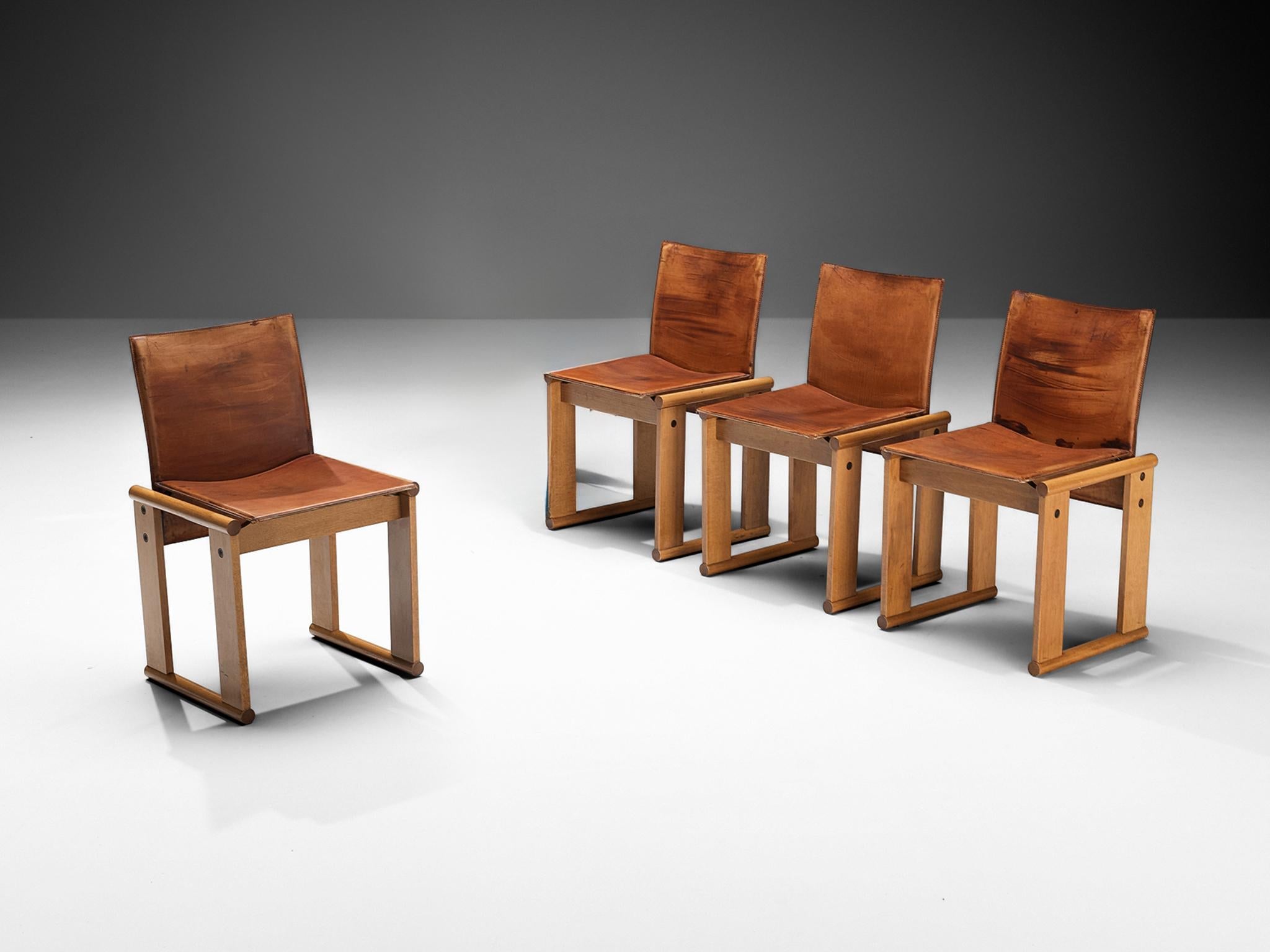 Afra & Tobia Scarpa Set of Four Dining Chairs in Walnut and Cognac Leather