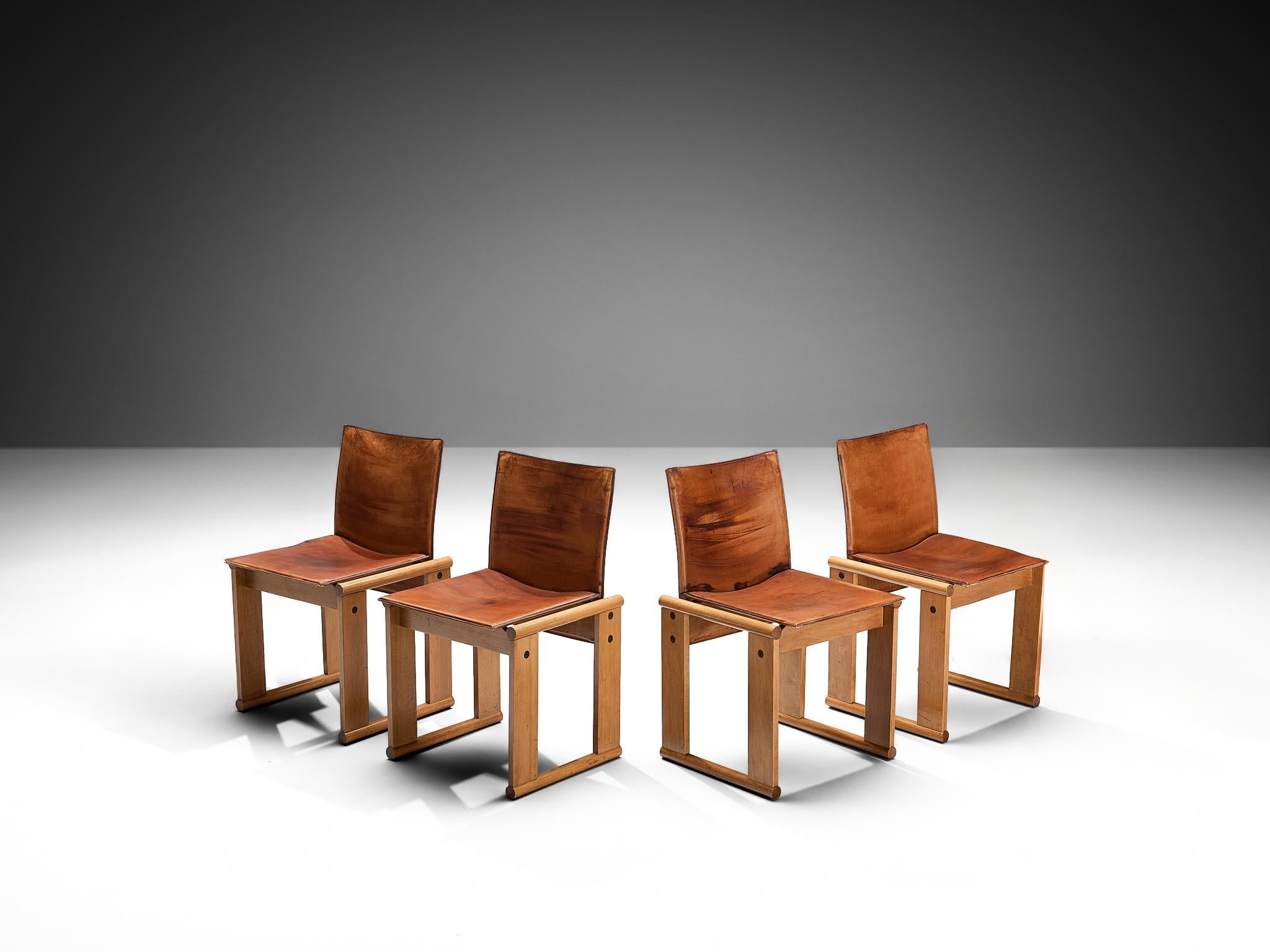 Afra & Tobia Scarpa Set of Four Dining Chairs in Walnut and Cognac Leather