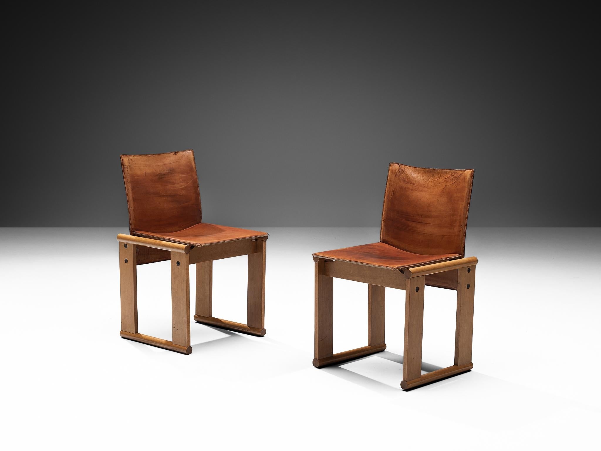 Afra & Tobia Scarpa Set of Four Dining Chairs in Walnut and Cognac Leather