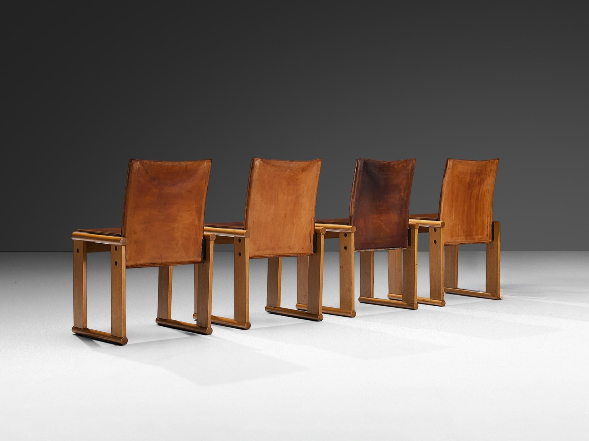 Afra & Tobia Scarpa Set of Four Dining Chairs in Walnut and Cognac Leather