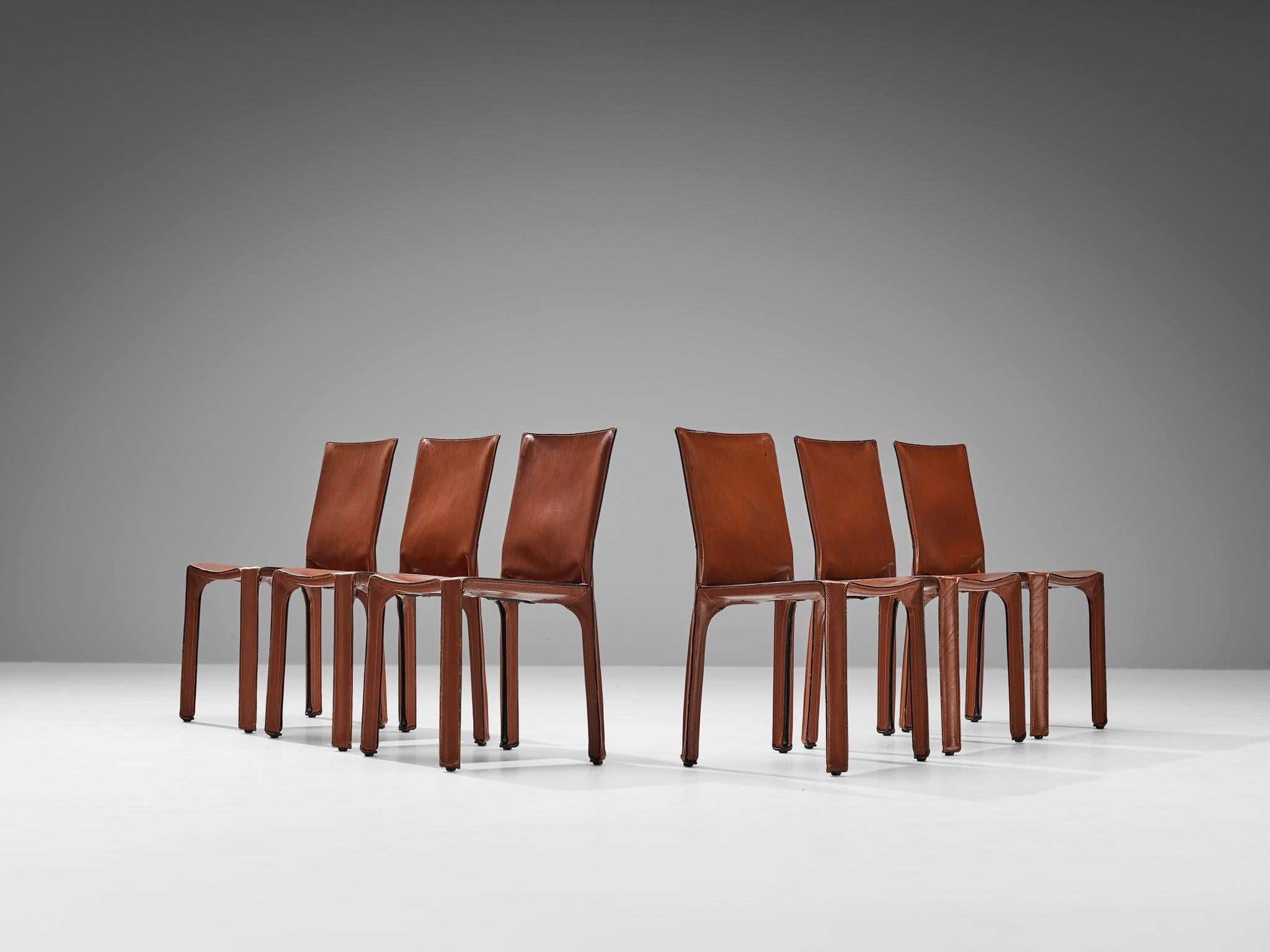 Mario Bellini for Cassina Set of Six Cab Dining Chairs Brown Saddle Leather