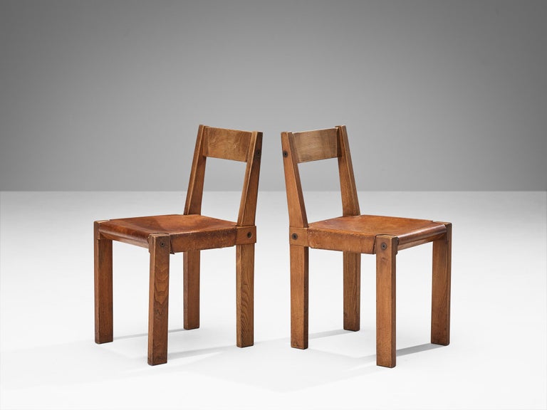 Early Pierre Chapo 'S24' Dining Chairs in Cognac Leather and Elm