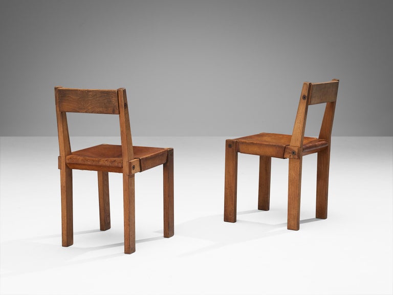 Early Pierre Chapo 'S24' Dining Chairs in Cognac Leather and Elm