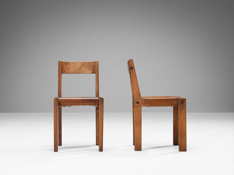 Early Pierre Chapo 'S24' Dining Chairs in Cognac Leather and Elm