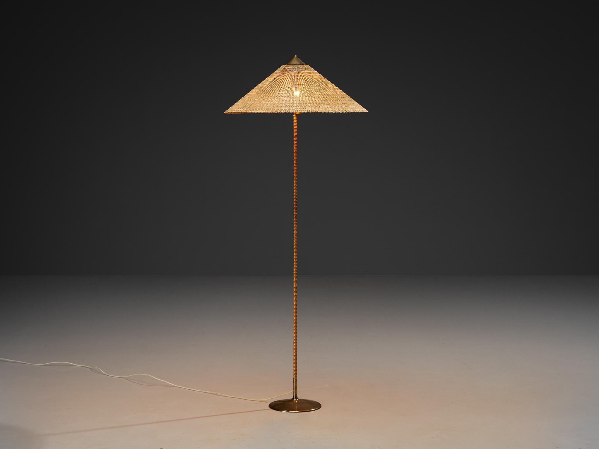 Paavo Tynell for Taito Oy '9602' Chinese Hat Floor Lamp in Cane and Brass