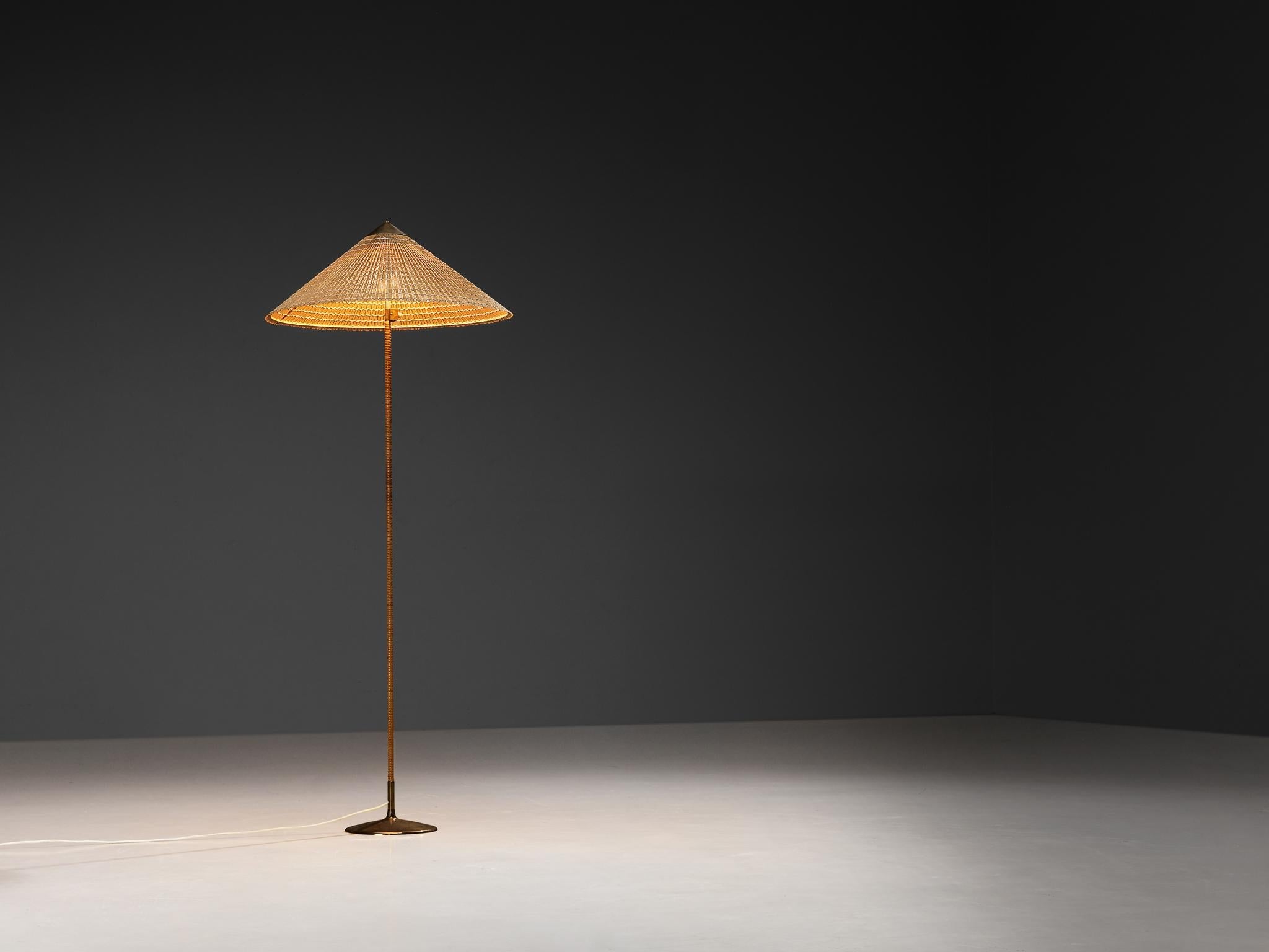 Paavo Tynell for Taito Oy '9602' Chinese Hat Floor Lamp in Cane and Brass