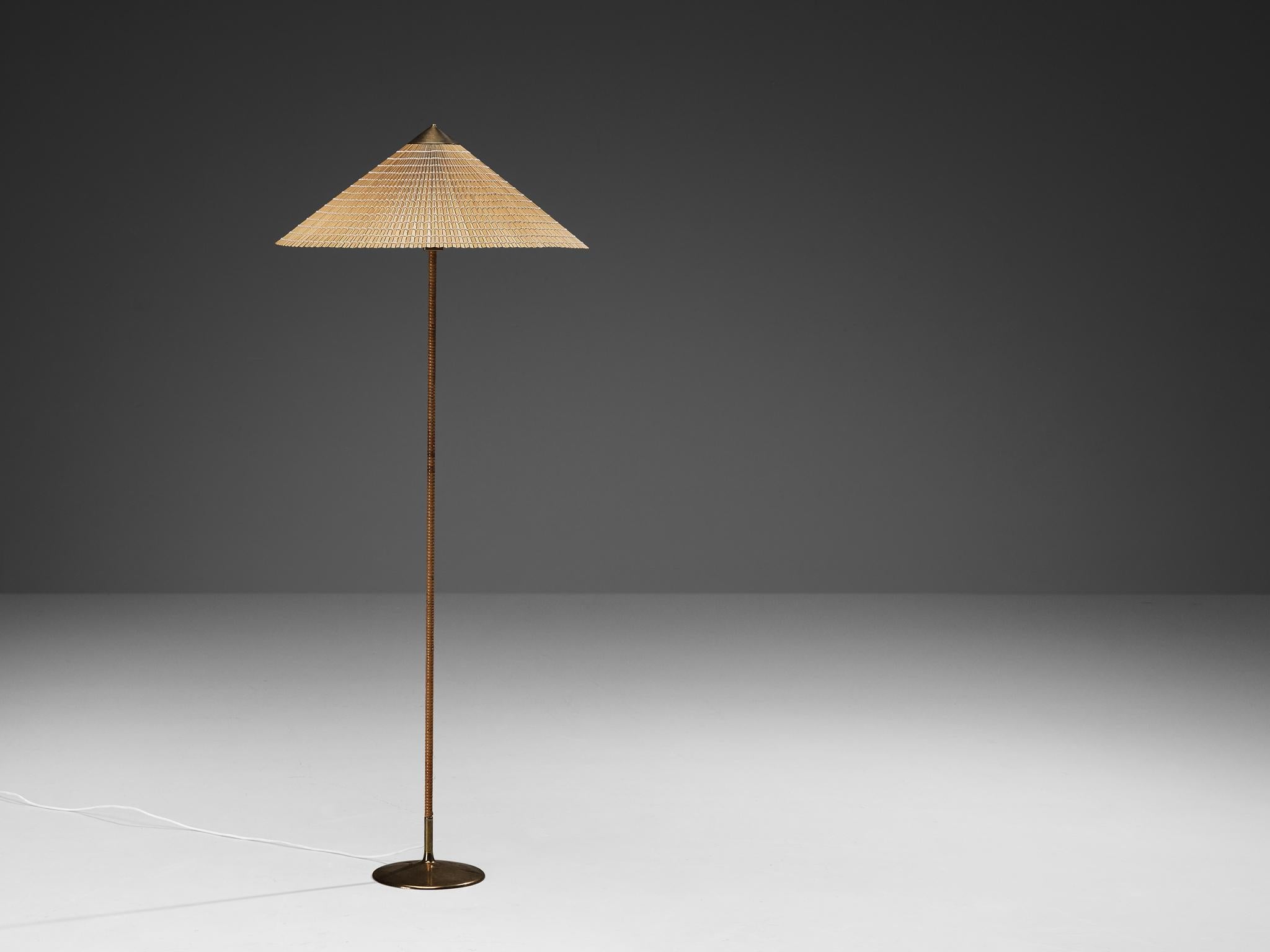 Paavo Tynell for Taito Oy '9602' Chinese Hat Floor Lamp in Cane and Brass