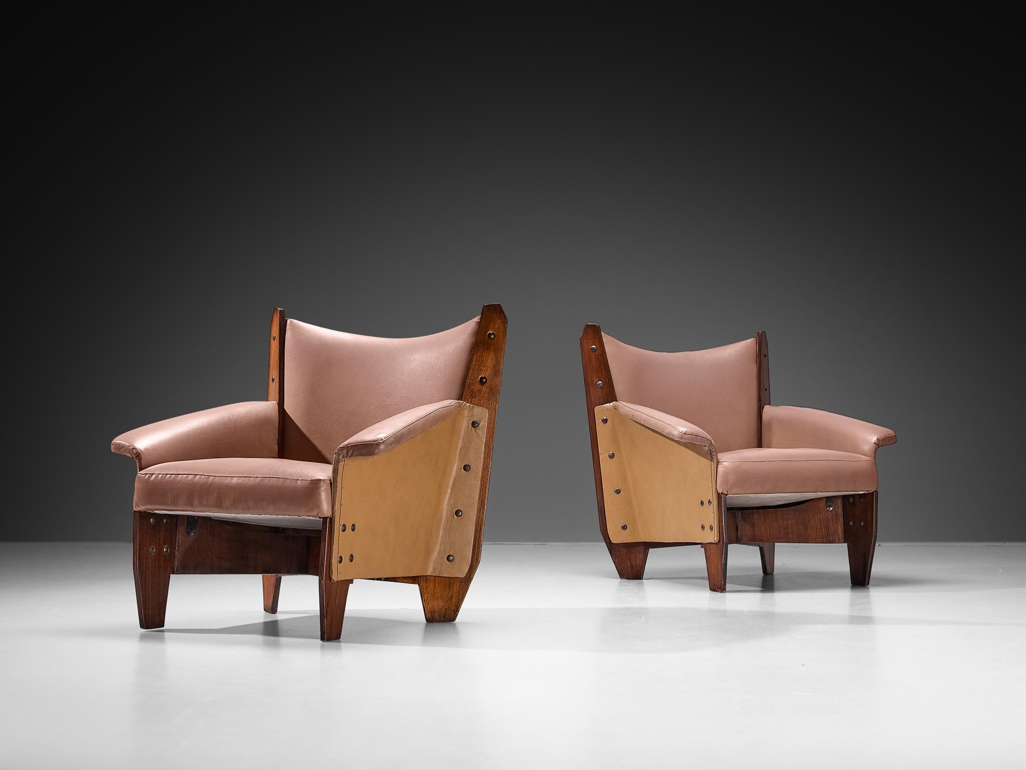 1950s Pair of Italian Lounge Chairs in Plywood and Camel Pink Upholstery