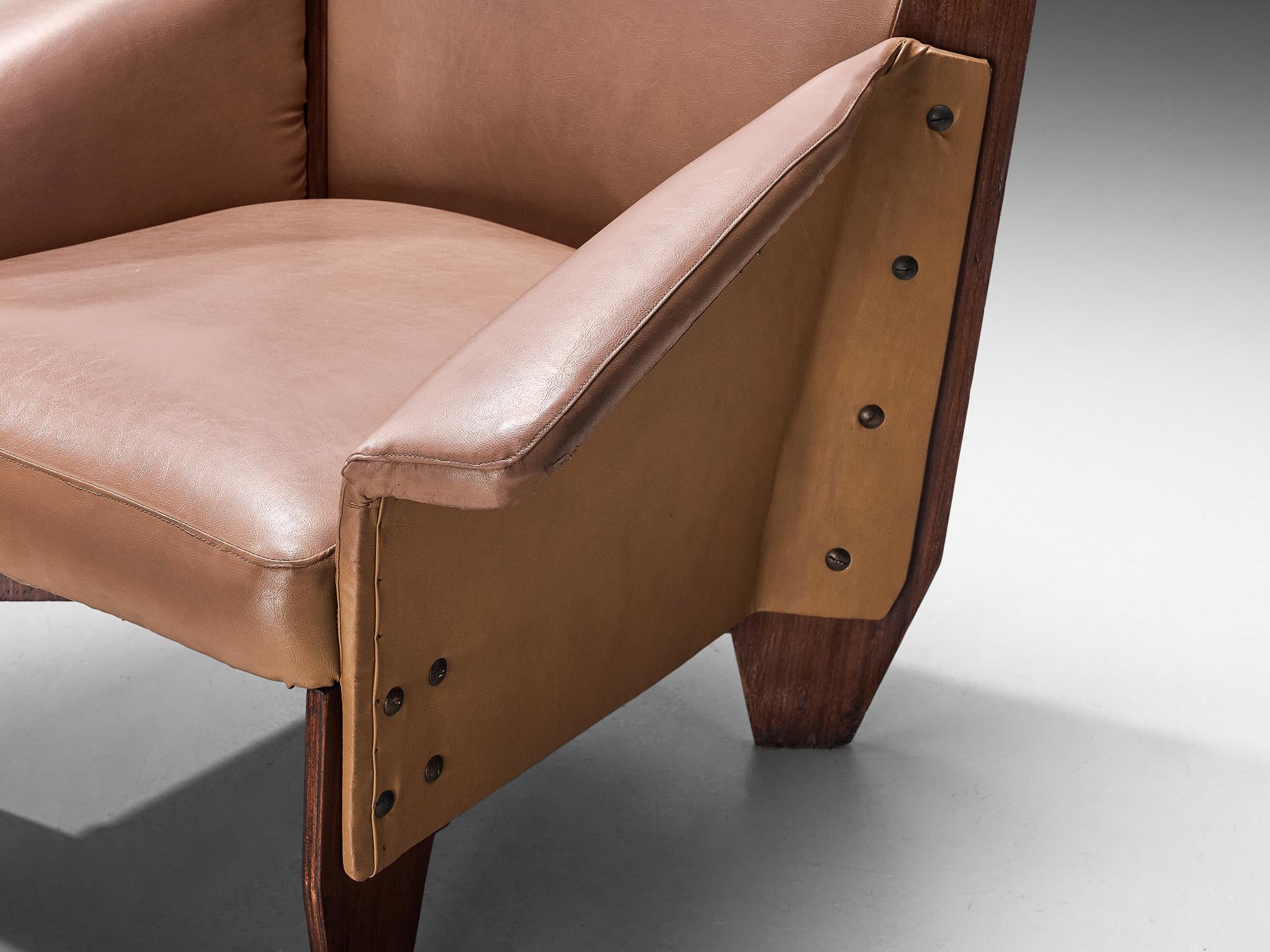 1950s Italian Lounge Chair in Plywood and Camel Pink Upholstery