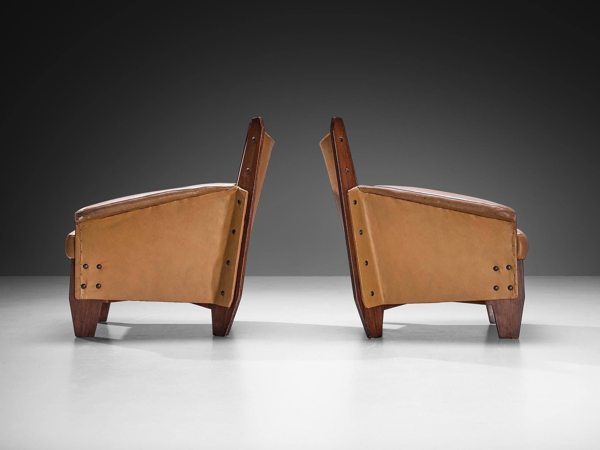 1950s Pair of Italian Lounge Chairs in Plywood and Camel Pink Upholstery