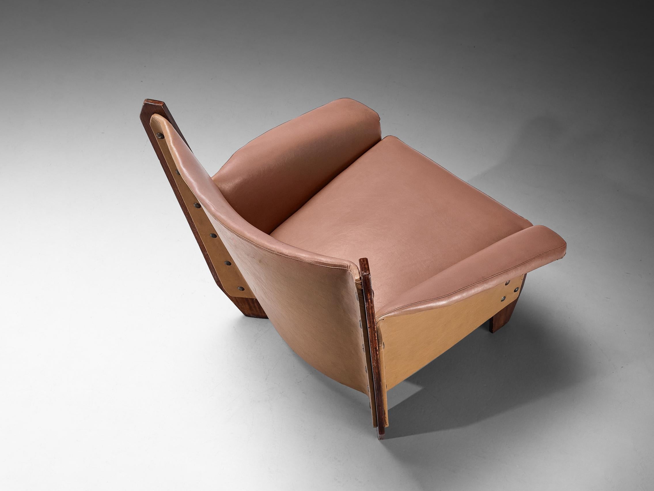 1950s Italian Lounge Chair in Plywood and Camel Pink Upholstery