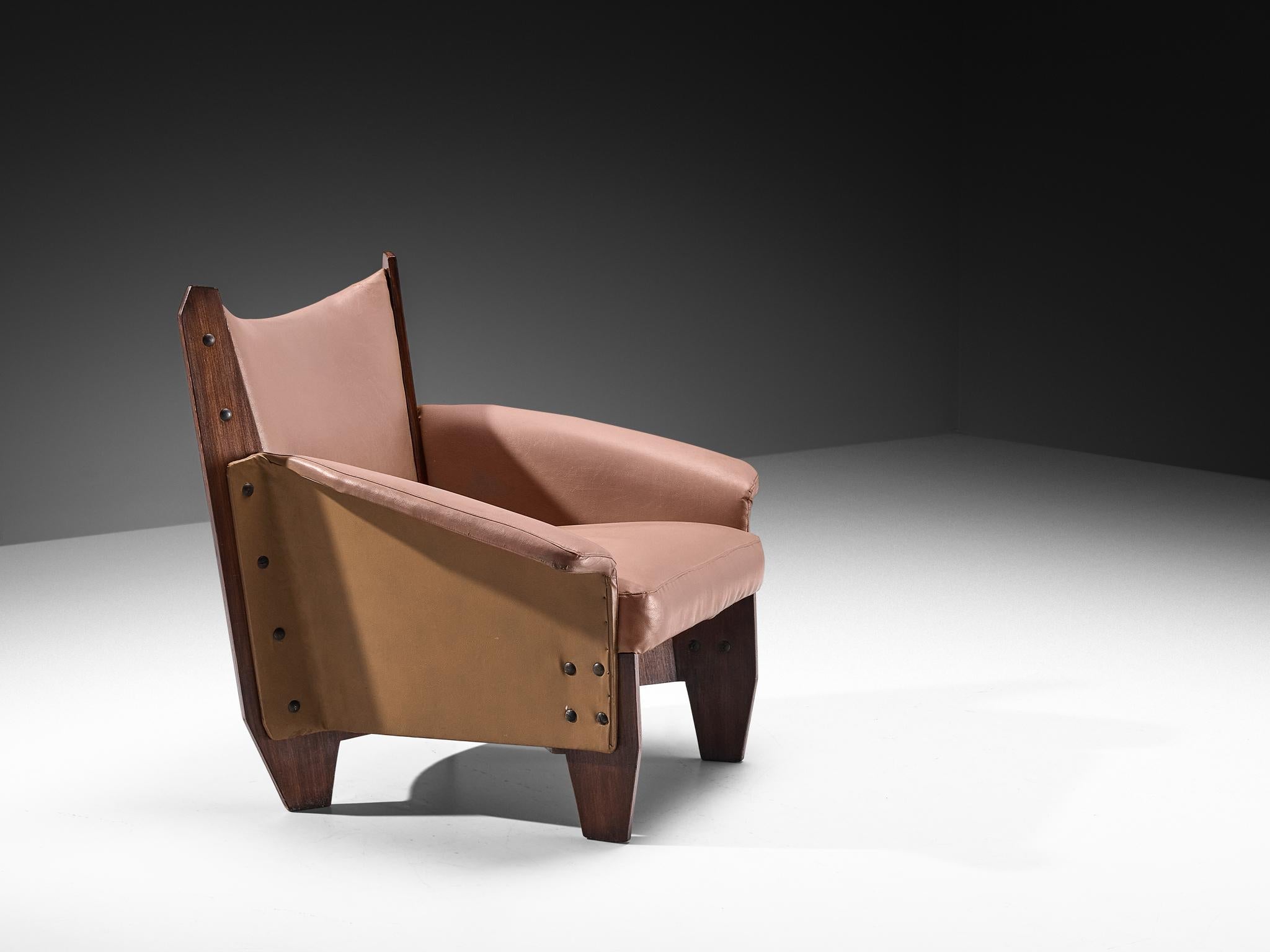 1950s Italian Lounge Chair in Plywood and Camel Pink Upholstery