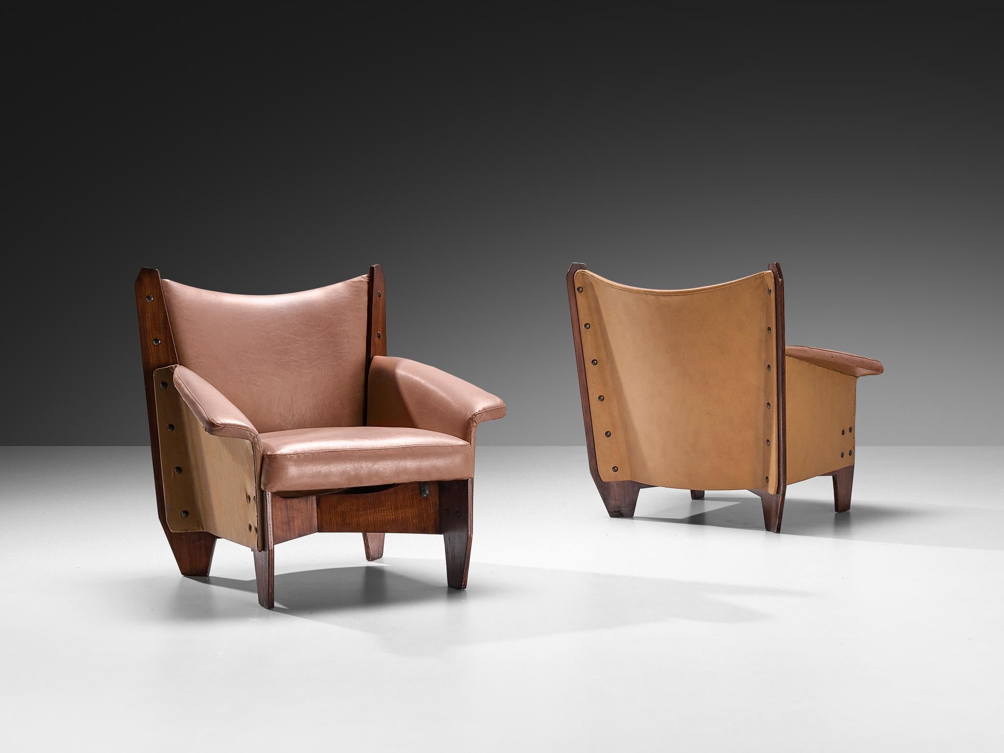 1950s Pair of Italian Lounge Chairs in Plywood and Camel Pink Upholstery