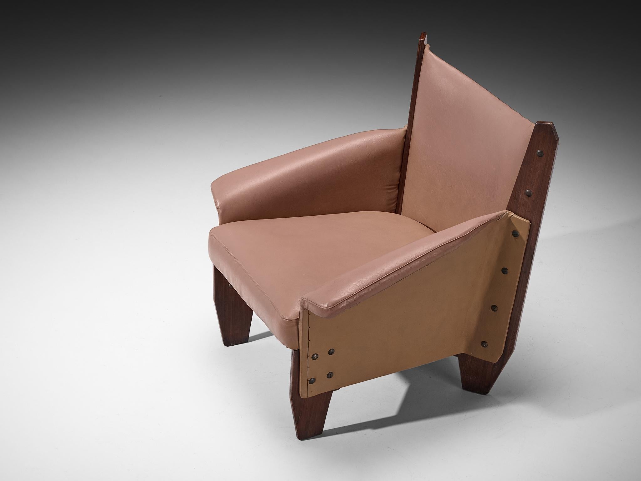 1950s Pair of Italian Lounge Chairs in Plywood and Camel Pink Upholstery