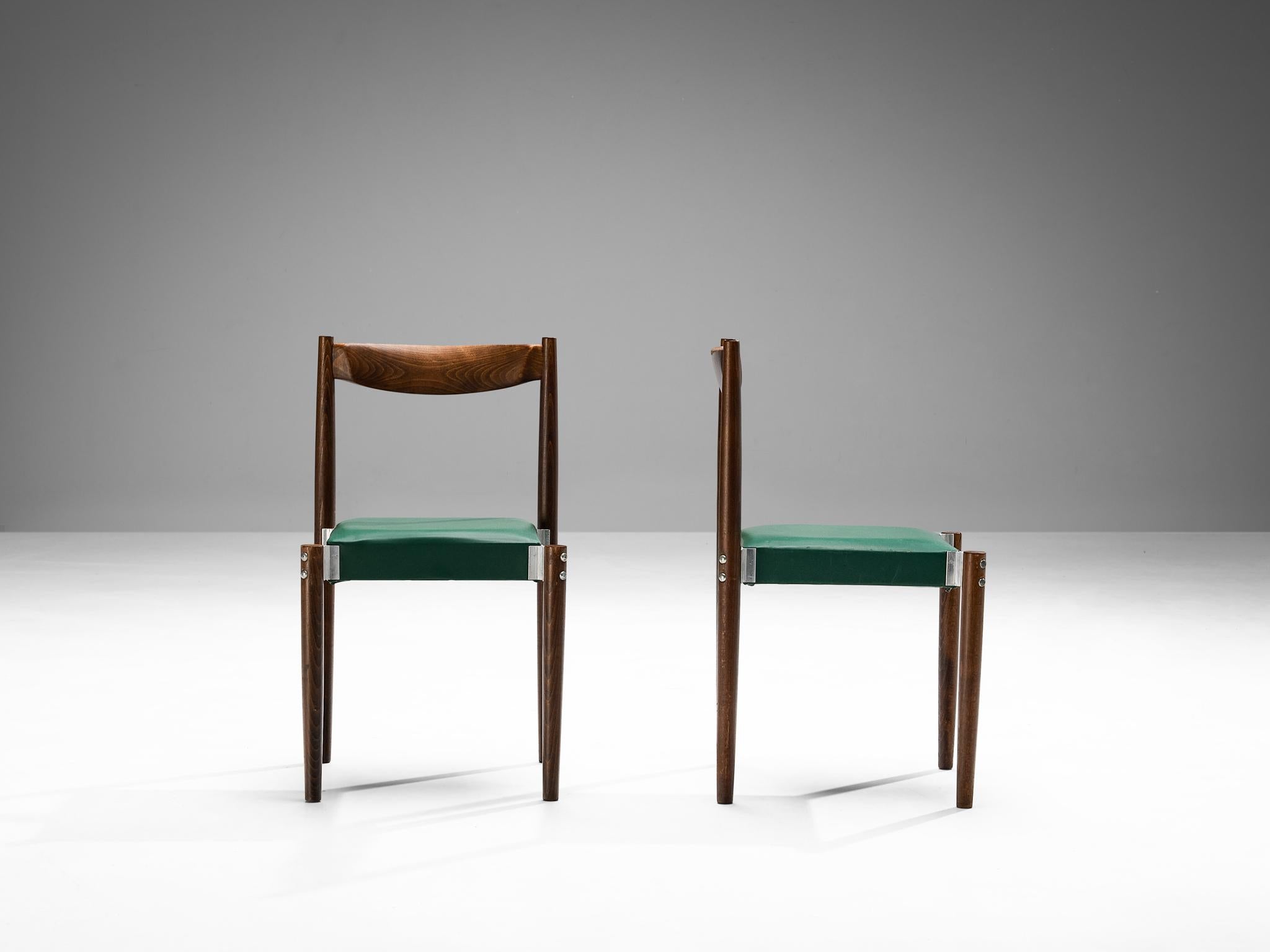 Pair of Dining Chairs in Green Leatherette and Stained Wood