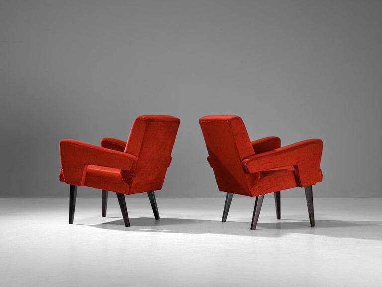 Mid-Century Pair of Armchairs in Red Velvet Upholstery