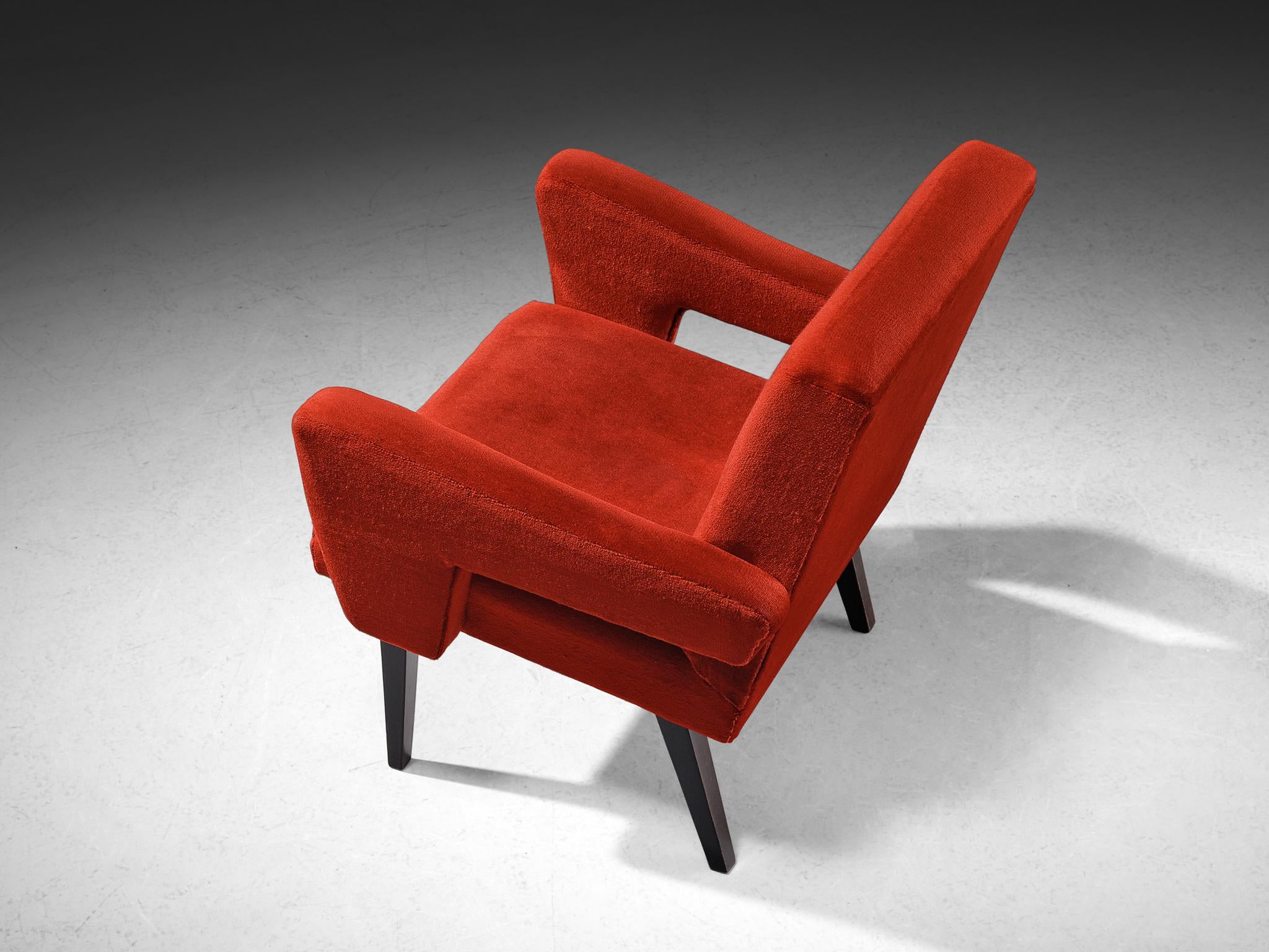 Mid-Century Armchair in Red Velvet Upholstery