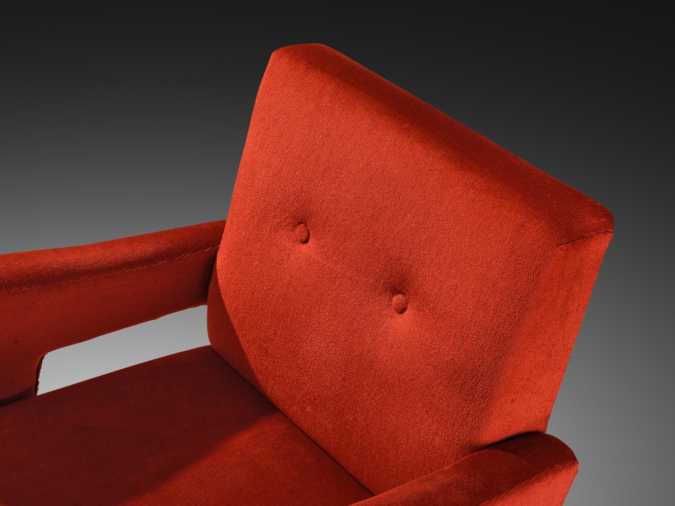 Mid-Century Armchair in Red Velvet Upholstery