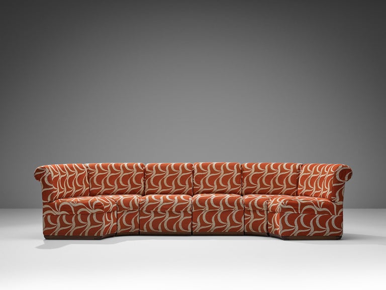 Italian Sectional Sofa in Red Orange Patterned Upholstery