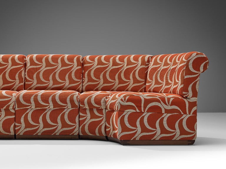 Italian Sectional Sofa in Red Orange Patterned Upholstery