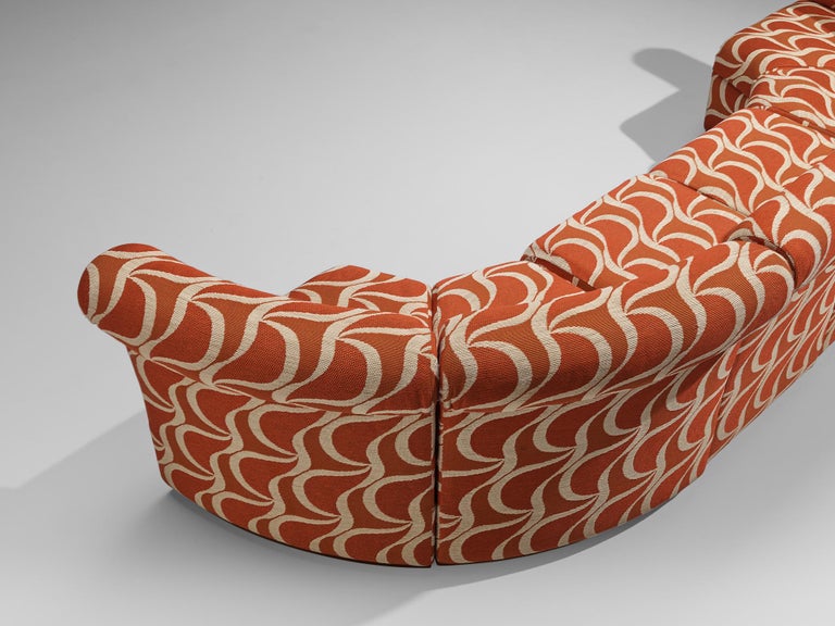 Italian Sectional Sofa in Red Orange Patterned Upholstery