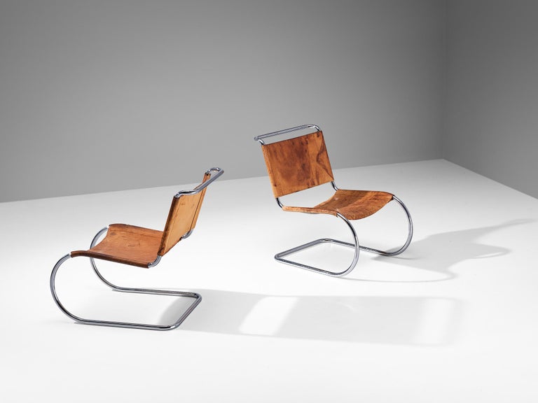 Pair of Cantilever Chairs in Cognac Leather and Chrome-plated Steel