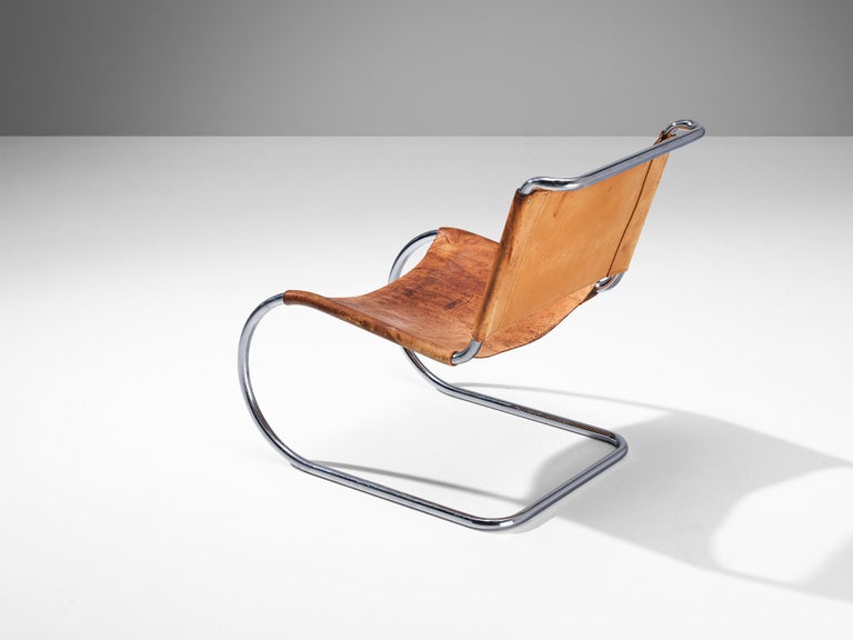 Pair of Cantilever Chairs in Cognac Leather and Chrome-plated Steel