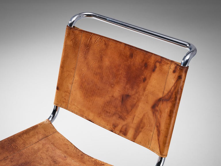 Pair of Cantilever Chairs in Cognac Leather and Chrome-plated Steel