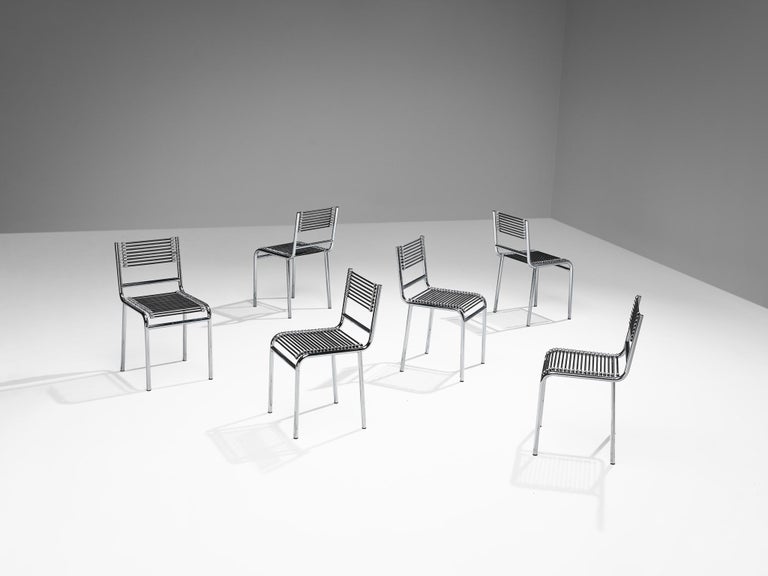 René Herbst Set of Six 'Sandows' Dining Chairs in Steel and Cord