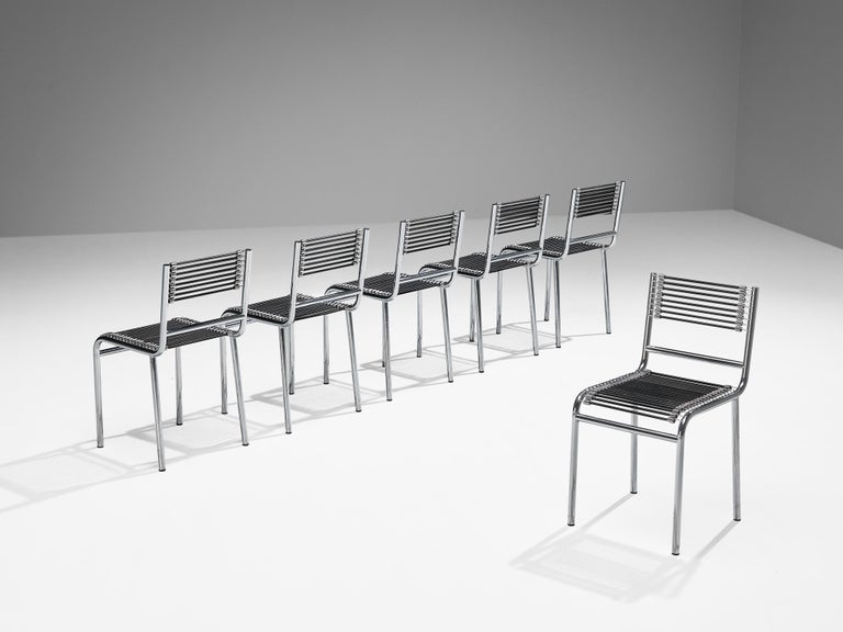 René Herbst Set of Six 'Sandows' Dining Chairs in Steel and Cord