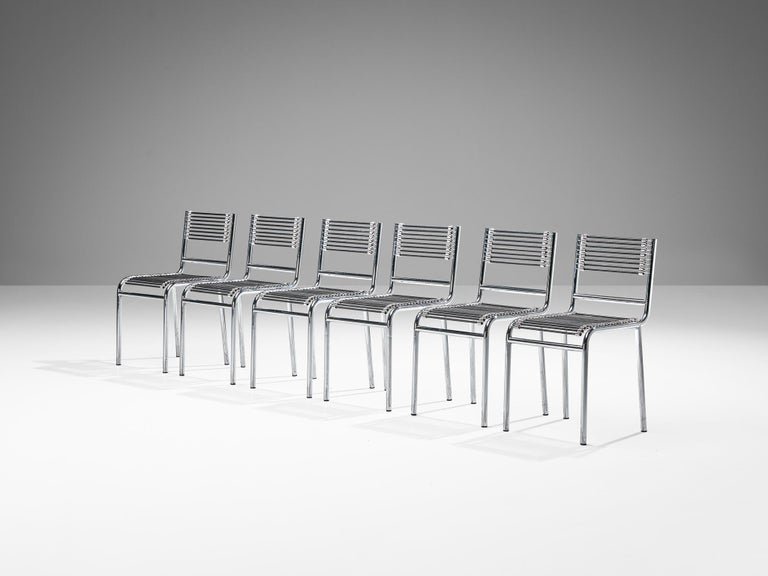 René Herbst Set of Six 'Sandows' Dining Chairs in Steel and Cord