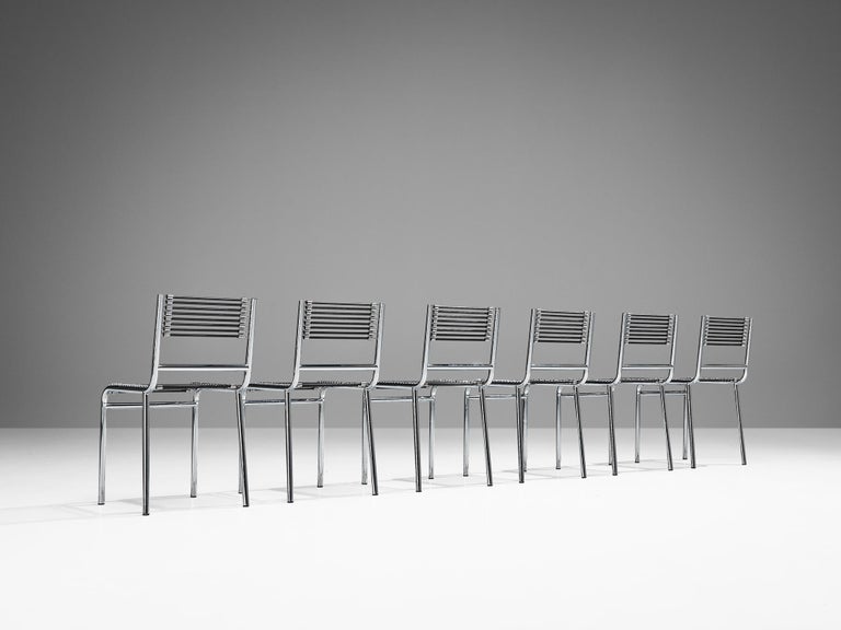 René Herbst Set of Six 'Sandows' Dining Chairs in Steel and Cord