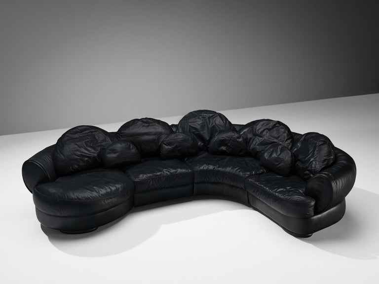 Organically Shaped Sectional Sofa in Black Leather