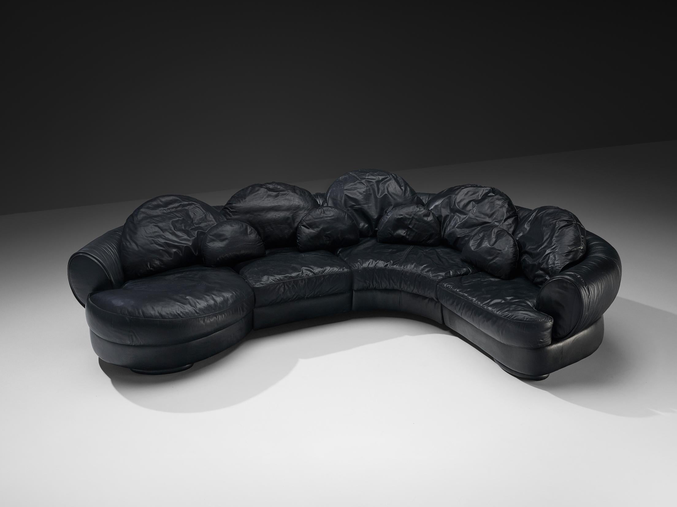 Organically Shaped Post-Modern Sectional Sofa in Black Leather