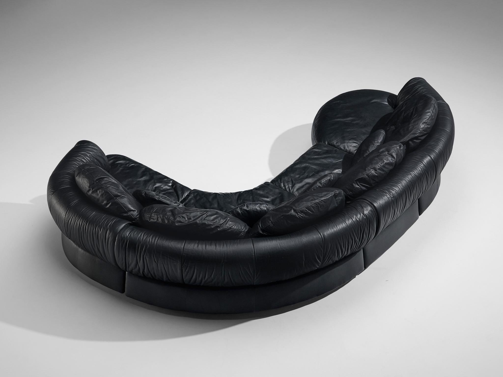 Organically Shaped Post-Modern Sectional Sofa in Black Leather