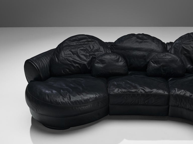 Organically Shaped Sectional Sofa in Black Leather