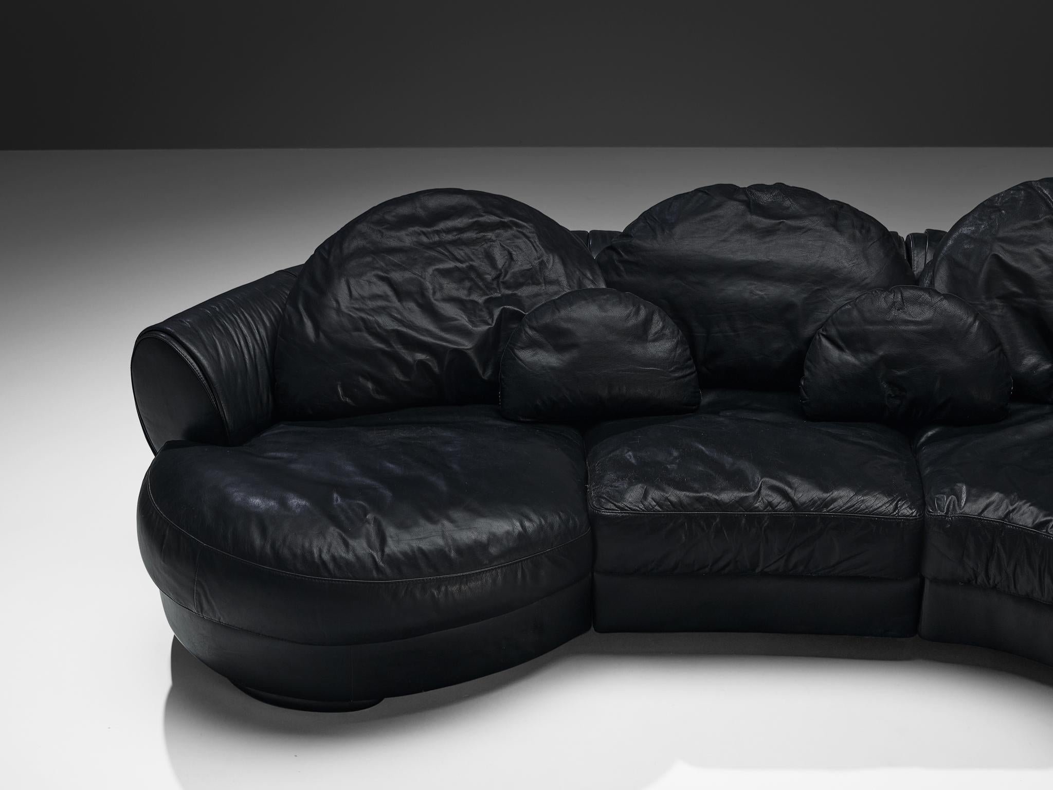 Organically Shaped Post-Modern Sectional Sofa in Black Leather