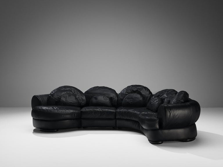 Organically Shaped Sectional Sofa in Black Leather