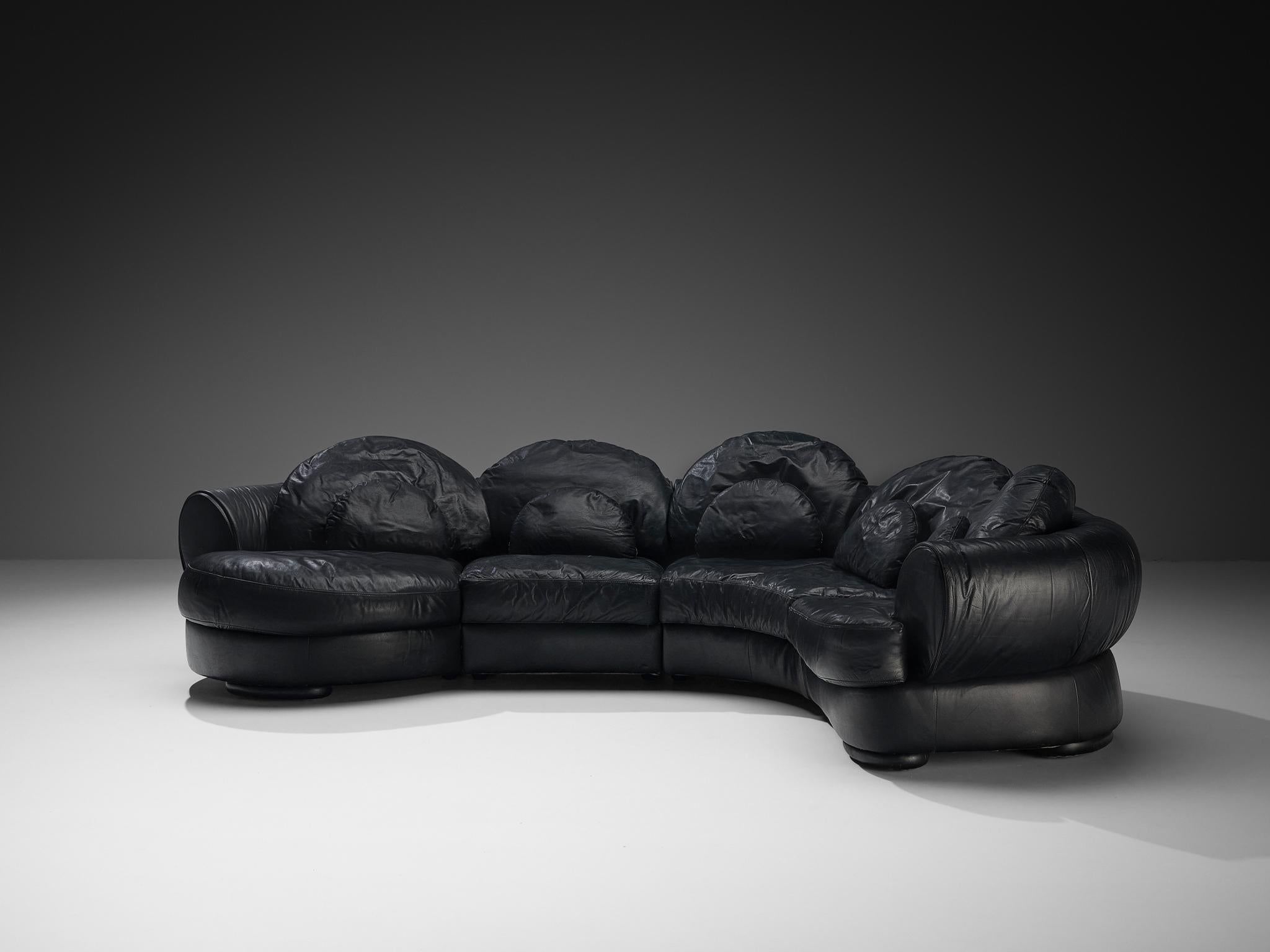 Organically Shaped Post-Modern Sectional Sofa in Black Leather