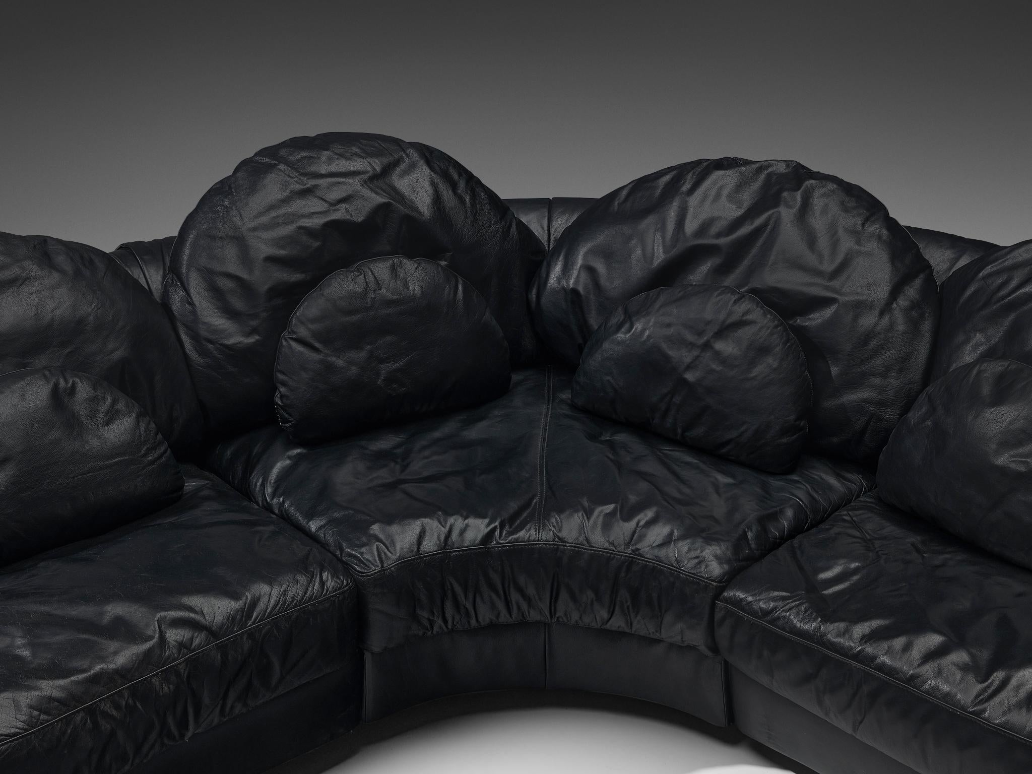 Organically Shaped Post-Modern Sectional Sofa in Black Leather